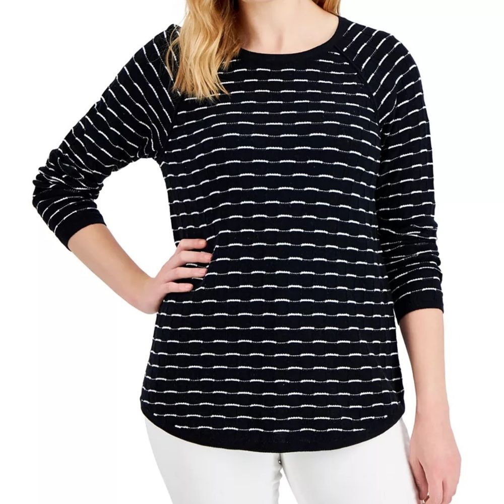 Karen Scott Black Textured Stripe Cotton Pullover Sweater – Women’s Size L